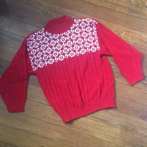 Unique Vintage Red Floral Mock-neck Knit Sweater